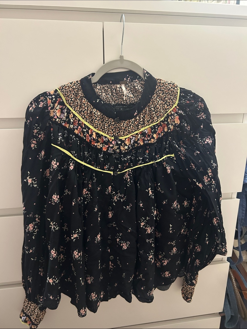 Free People Black Floral Smocked Blouse with Neon Trim